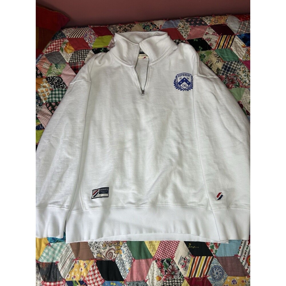 Superdry White Fleece 1/4 Zip Mock Neck Logo Pullover Sweatshirt Men's Medium